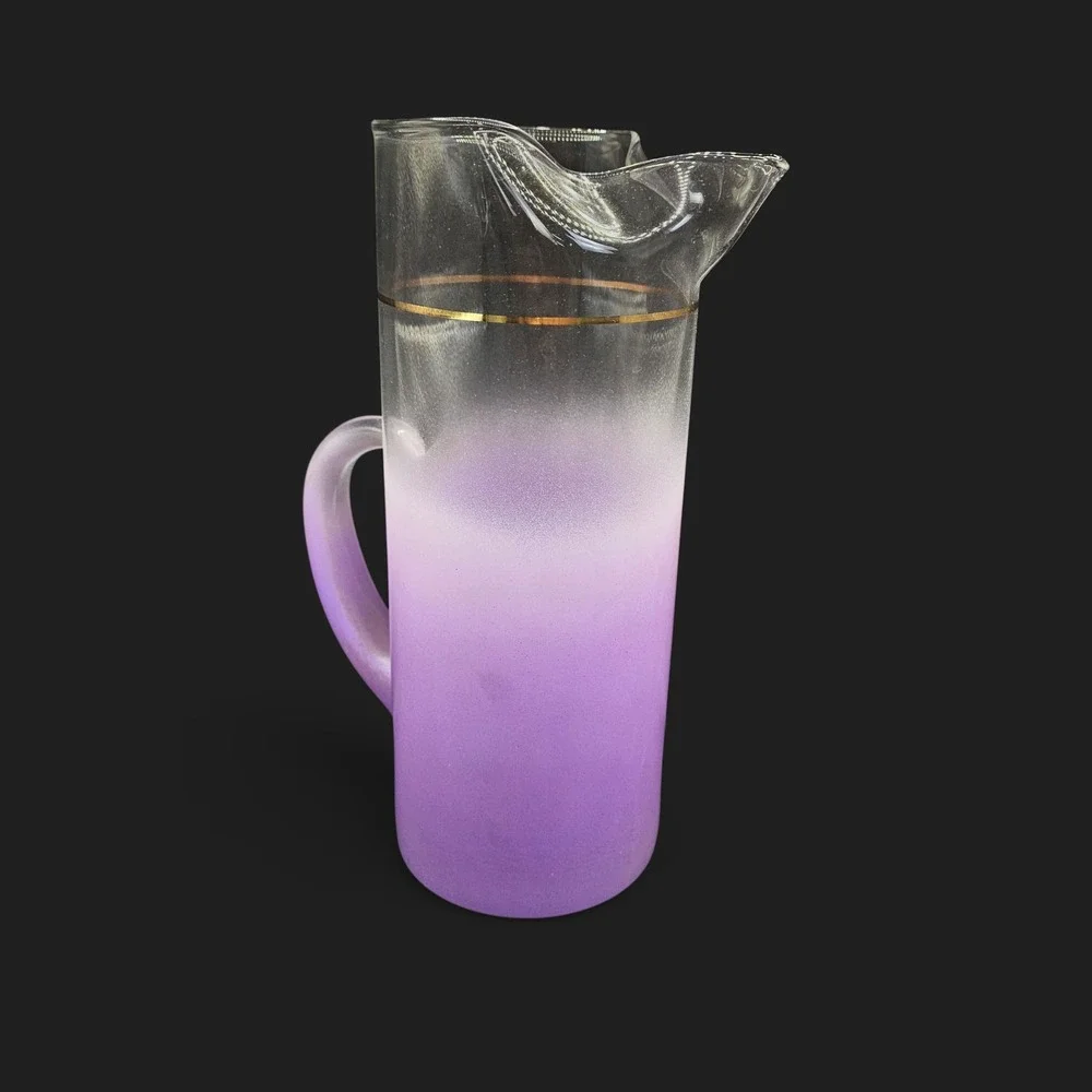 Vintage Blendo Frosted Ombre Purple‎ Pitcher & 6 Tumblers Gold Rim Barware Set